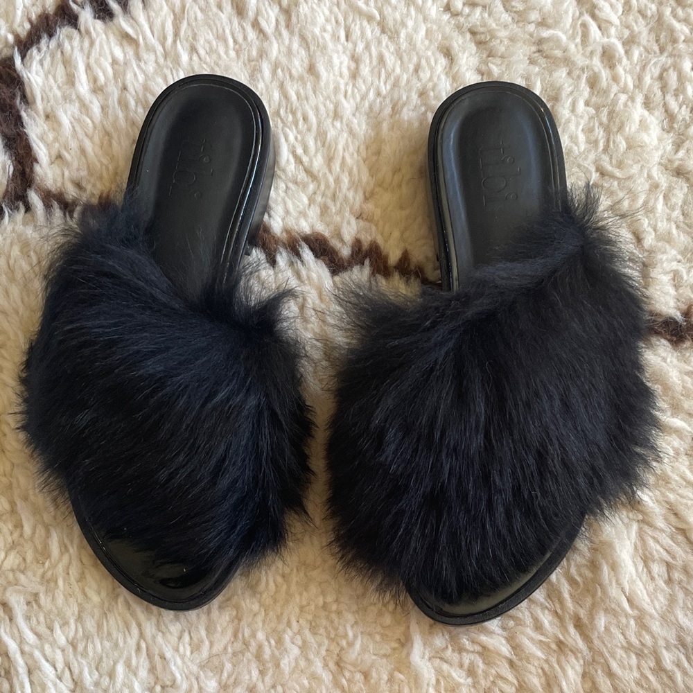 Tibi Black Faux Fur Slippers